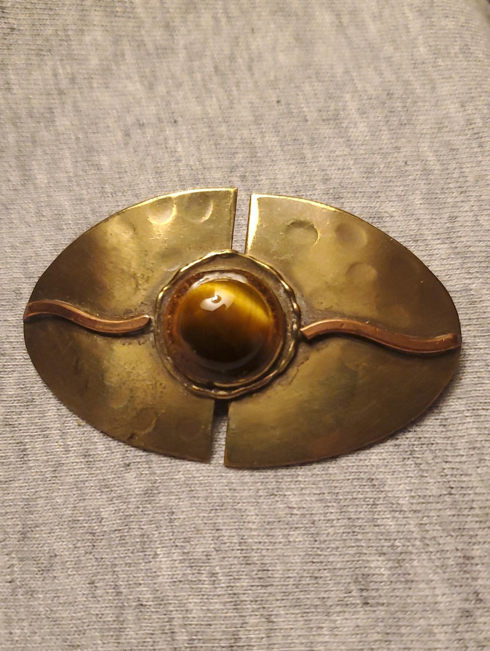 Vintage MCM Hammered Brass Tiger’s Eye Cabochon Modernist Brooch Pin